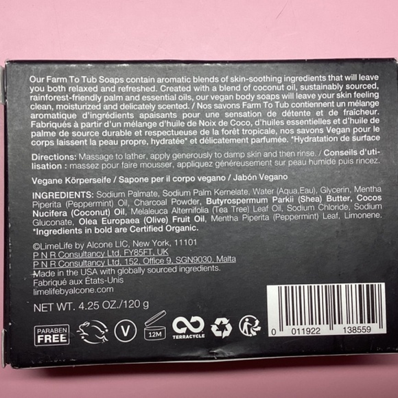 LimeLife By Alcone Farm To Rub Peppermint & Tea Tree Oil Charcoal Vegan Body Soa - Picture 3 of 3